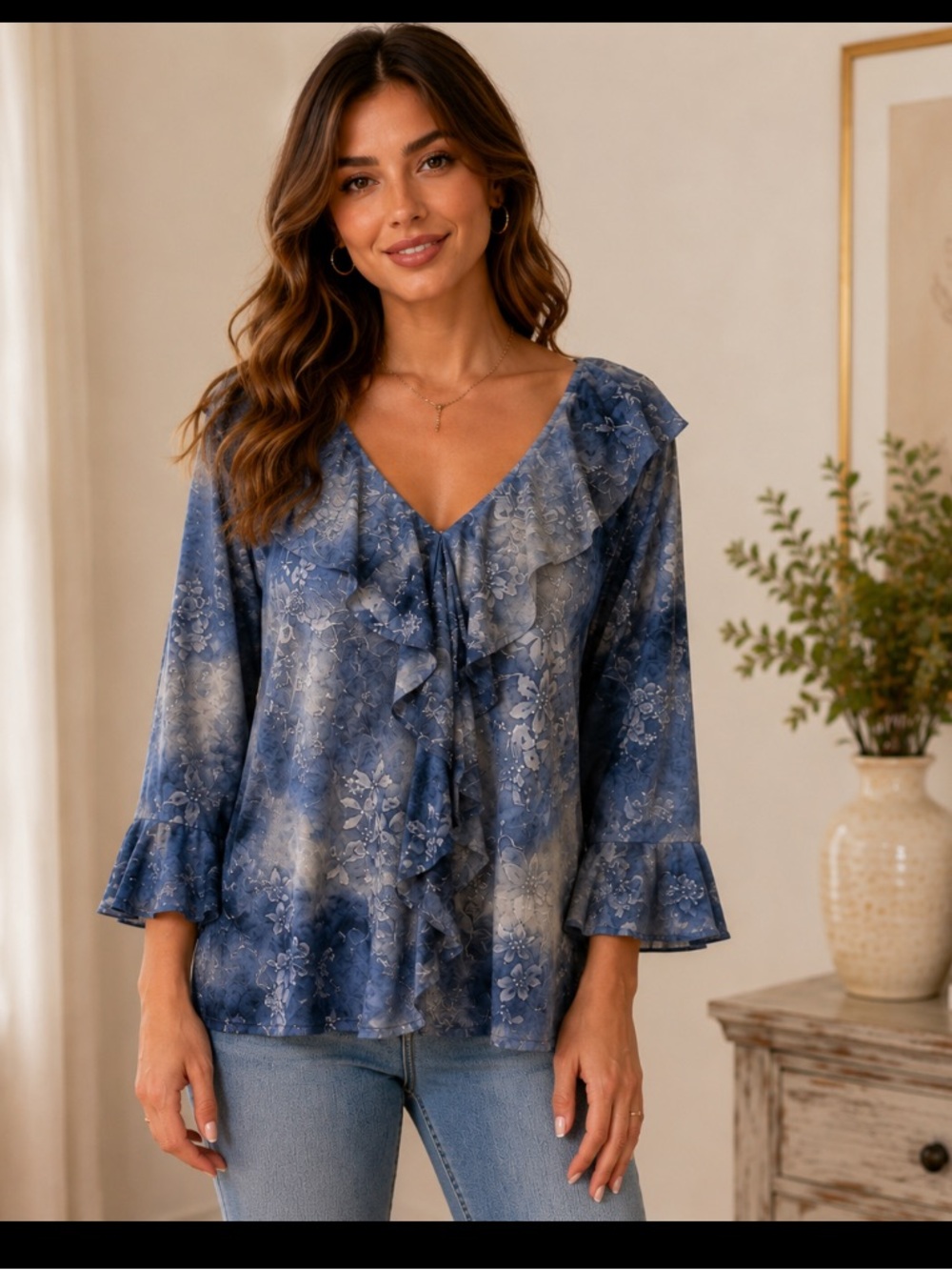 Dress Barn Blue Floral Ruffle V-Neck blouse
